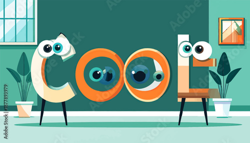 Cartoon letters "C", "O", "O", "L" with large cartoon eyes stand in a room with plants