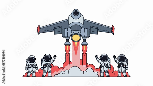 Astronauts wave goodbye to a futuristic rocket blasting off with fiery plumes and smoke