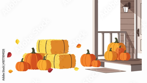 Autumn harvest display on a porch with pumpkins and hay bales