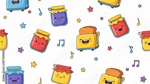 Cheerful cartoon toasters and jars of jam with musical notes and stars, celebrating breakfast