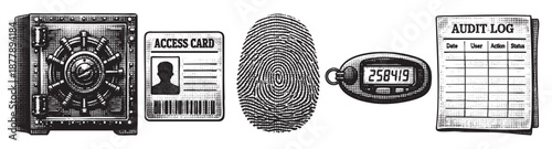 Vintage style illustration shows security measures including safe, access card, fingerprint, key fob, and audit log.