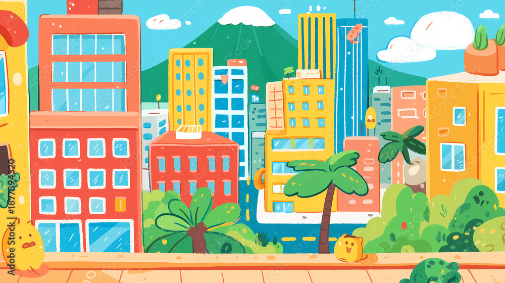 Fototapeta premium A flat-style cartoon cityscape featuring bright buildings, palm trees, and a snow-capped mountain under a blue
