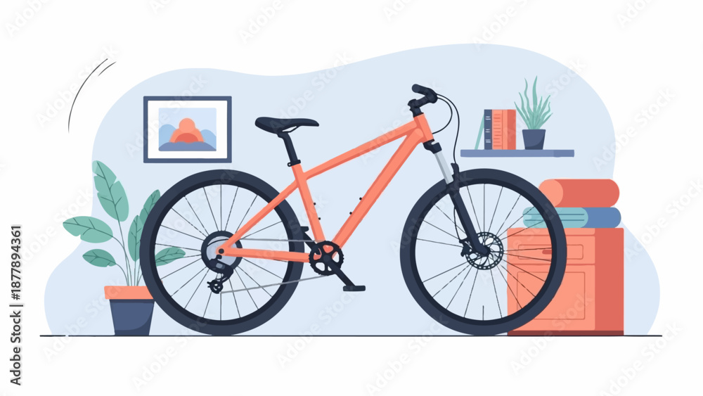 Fototapeta premium An orange bicycle stands indoors near plants and a shelf with books and folded towels