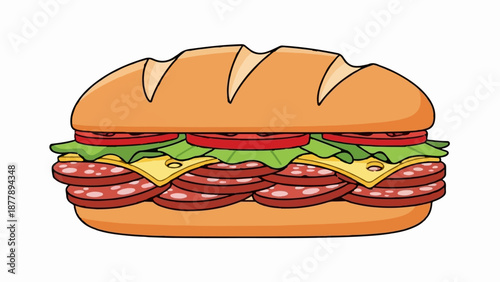 Cartoon of a stacked sub sandwich with salami, cheese, lettuce, and tomato on a bun