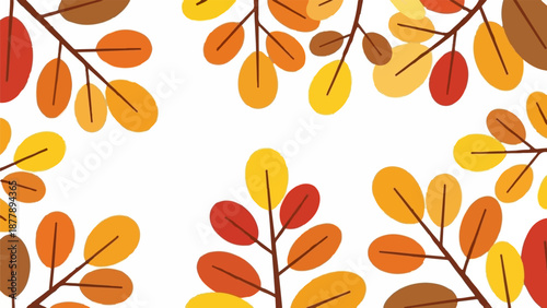 Autumn leaves in warm tones framed on a white background