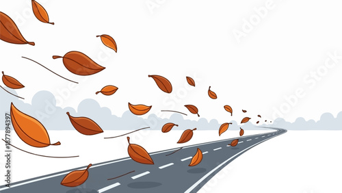 Autumn leaves swirl across a winding road under a cloudy sky