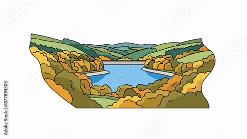 Autumnal reservoir nestled amidst rolling hills and colorful foliage