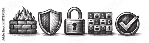 Security icons in black engraving style represent security measures like firewall, shield, padlock, code blocks, and checkmark, on a white background.
