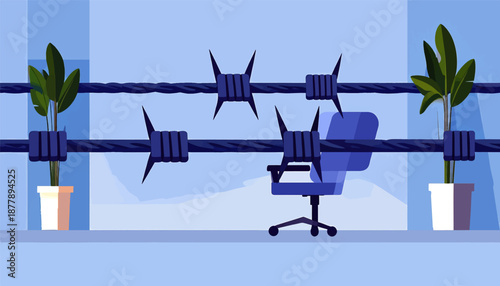 Barbed wire fences off a vacant office chair between potted plants