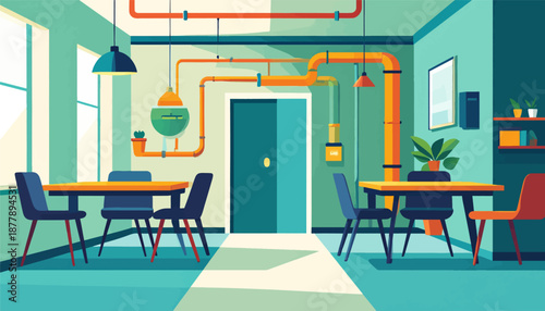 Bright modern office break room with tables, chairs, plants, and pipes