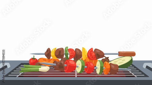 Barbecue skewers with meat and vegetables cooking on a grill