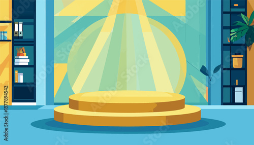 Bright, modern interior scene with a two-tiered yellow podium center stage