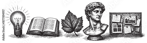 Black and white engraving showcases a light bulb, book, leaf, classical bust, and bulletin board for a concept of inspiration.
