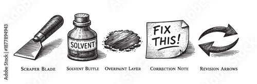 Hand-drawn sketch illustration with cleaning tools, fix note, revision arrows. It depicts a process of restoration or correction.