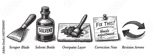 A hand-drawn illustration depicting tools like a scraper, solvent, paint, and adjustment note demonstrating a correction process.