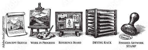 Illustration shows the creative process: sketch, painting on easel, reference board, drying rack, and finished artwork stamp, depicting artistic workflow.