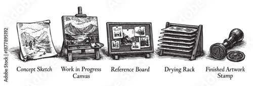Illustration showcases the artist's process, from concept sketch to work in progress, a reference board, drying rack and a finished artwork stamp, all in a vintage monochrome style.
