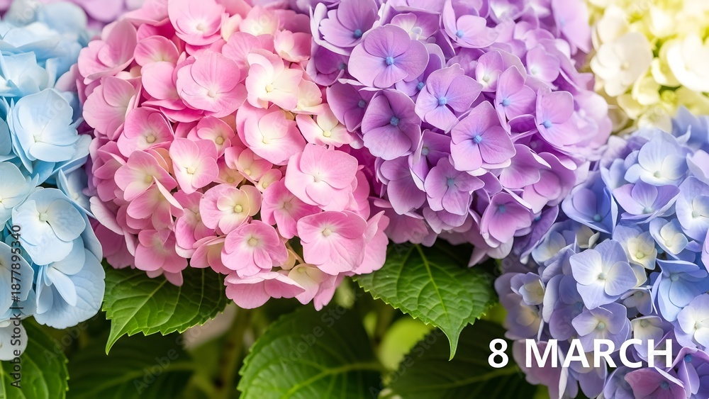 Fototapeta premium Vibrant hydrangeas celebrating international women's day on march 8th with pink purple and blue blooms
