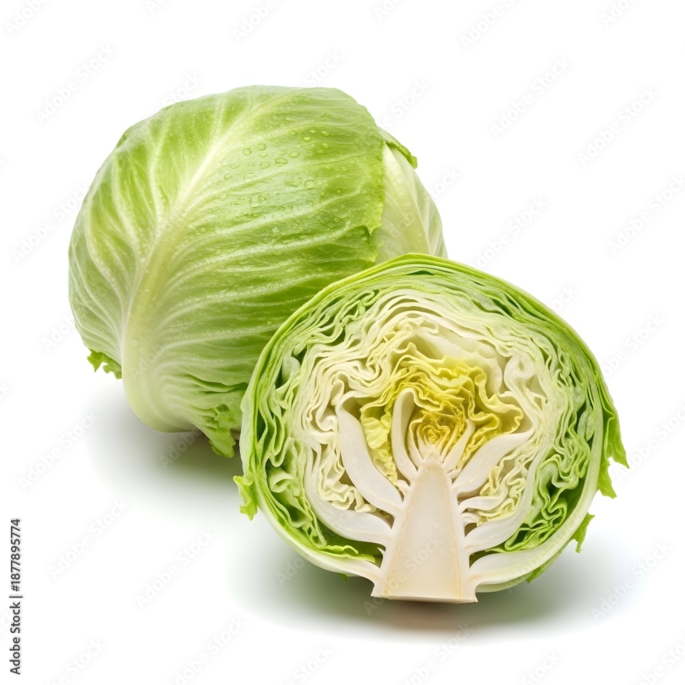 Obraz premium Whole iceberg lettuce beside one cut half showing crisp interior