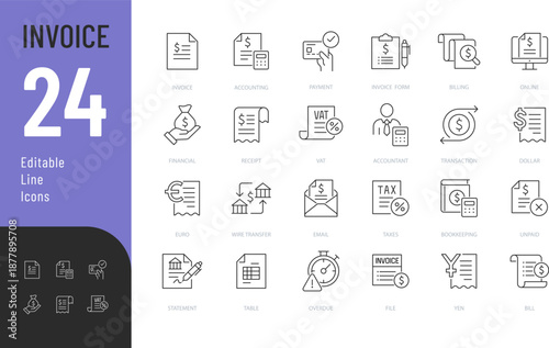 Invoice Line Editable Icons set. Vector illustration in modern thin style of finance related icons: documentation, accounting, currency, and more. Isolated on transparent background.