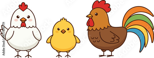 Cute chicken family character set with hen chick and rooster in playful flat cartoon vector illustration