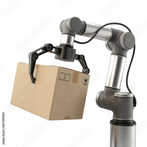 Robotic arm lifting cardboard box industrial technology isolated on a transparent background