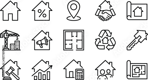 Black And White Vector Line Art Icon Set For Real Estate Featuring House Sales Construction Planning Mortgage Rates Keys Blueprint And Property Management Symbols