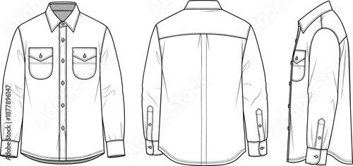 Long sleeve shirt CAD drawing, flat vector illustration, technical fashion sketch, front back and side view, button down shirt, apparel design template