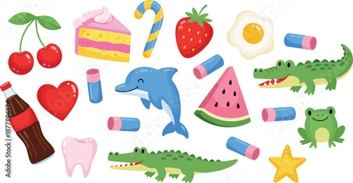 Cute colorful object icon set with fruits animals sweets pills and playful elements in flat cartoon vector illustration