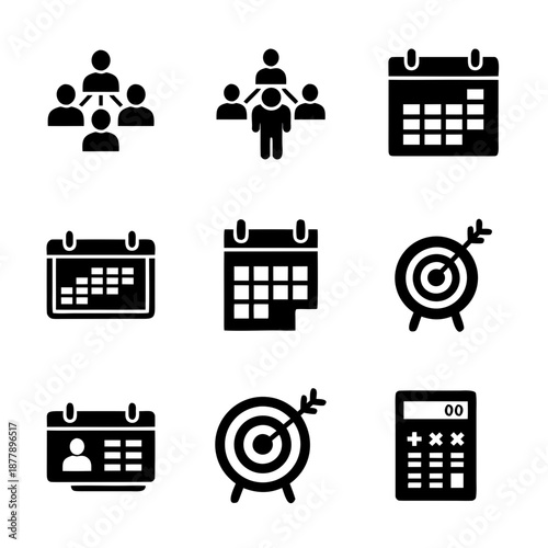 People calendar targets and calculator icons in a grid. Suitable for business planners, event management, project scheduling, and financial calendars.