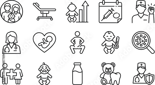 Comprehensive Pediatrics and Maternal Healthcare Icon Set Featuring Pregnancy, Newborn Wellness, Vaccination Schedules, Baby Growth Tracking, Professional Medical Consultations