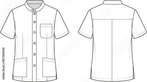 Short sleeve shirt CAD drawing, flat vector illustration, technical fashion sketch, front and back view, button down collar shirt, apparel design template