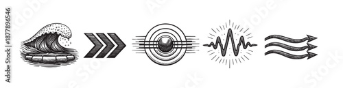 Black and white vector graphic displaying hand-drawn wave, arrows, target, signal, and wind symbols, creating a visually intriguing pattern.