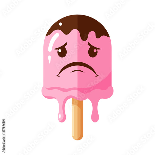 Pink popsicle with melting sadness and dripping chocolate top. Suitable for summerthemed designs, food illustrations, or emotional concepts.