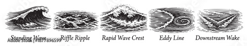 An illustration of water waves, depicted in black and white etchings, showing a standing wave, ripple, rapid crest, eddy line, and downstream wake.