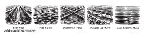 A collection of graphic illustrations shows different water surface textures like boat wakes, wind ripples, and calm water, perfect for scientific illustration or nautical themed design.