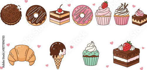 Cute dessert and bakery illustration set with donuts cupcakes cakes croissant and ice cream in kawaii flat vector style