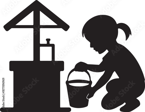 Child collecting clean water from well, black silhouette vector, minimal flat design