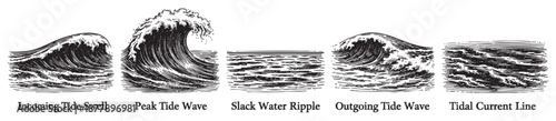 Illustration showcases ocean tide stages including swell, wave, ripple, and current line in black and white, perfect for educational content.
