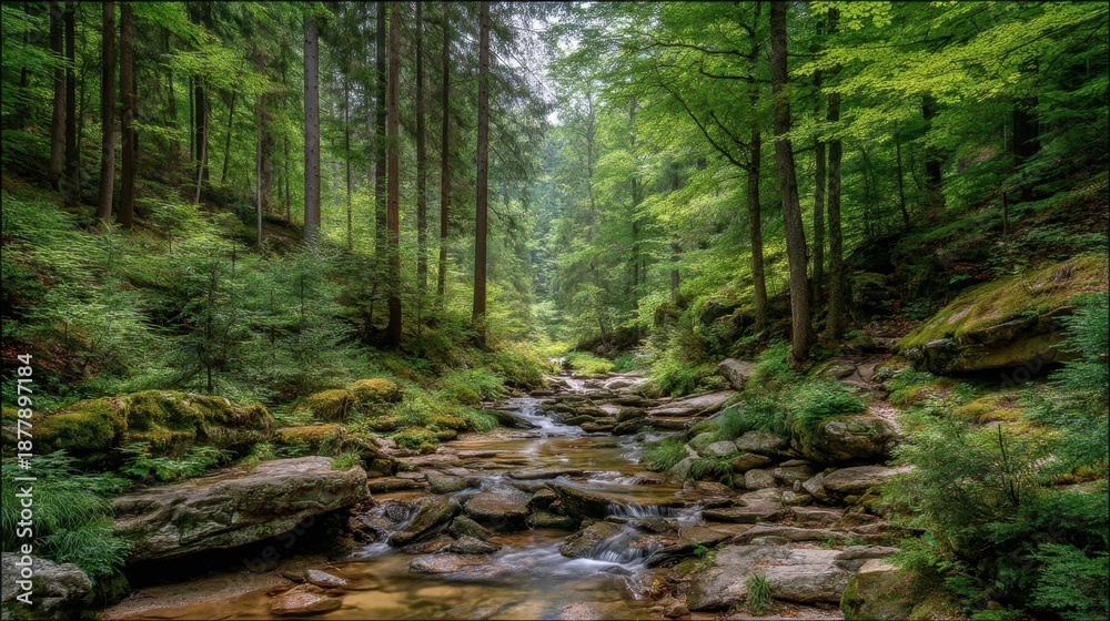 Fototapeta premium Tranquil Stream Flowing Through Lush Green Forest with Verdant Foliage and Rocky Bed Amidst Serene Wilderness