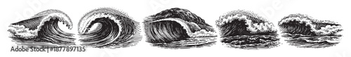 A collection of stylized etched waves crashing, rendered in black and white, evoking vintage nautical illustrations with dramatic ocean imagery.