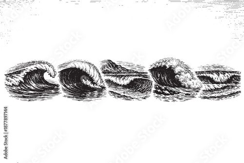Black and white engraving of various ocean waves crashing on the shore, great for nautical themes, graphic design, or artistic background uses.