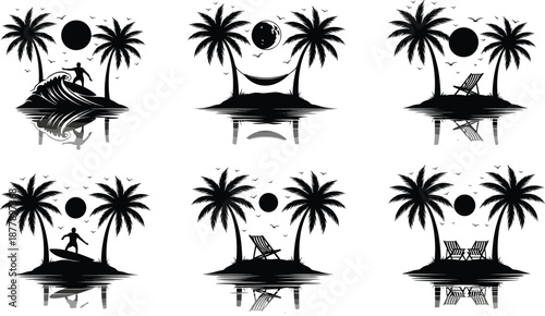 Tropical island silhouettes with palm trees, beach chairs, hammock, sunset moon, and relaxing summer vacation scenes