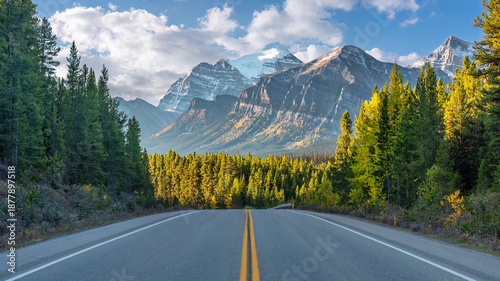 Autumn drive on the Icefields Parkway headed south towards Lake Louise - Banff National Park