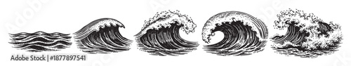 Illustrative black and white waves in various stages of surge, hand-drawn style, convey a powerful, graphic feel suitable for branding, print, or web design.