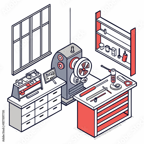 Illustrated workshop with tools and machinery