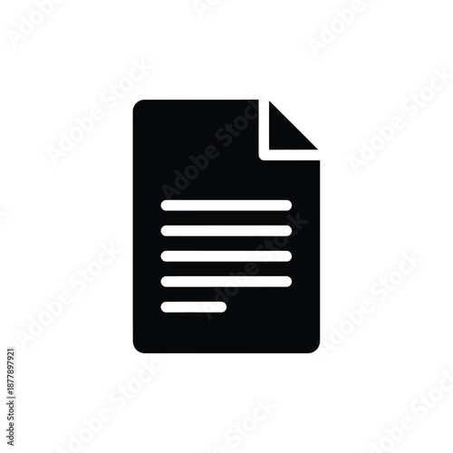 Black document icon with lines on white background sheet corner folded down simple flat graphic