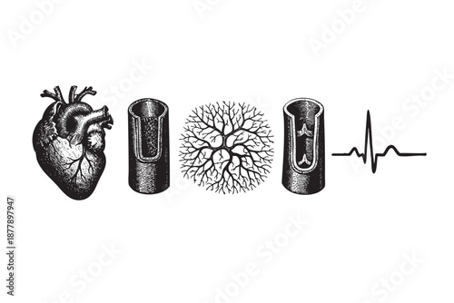 Medical illustration featuring a realistic heart, blood vessel, capillary network and pulse wave on a white background, perfect for scientific or healthcare themed designs.