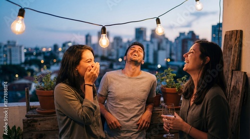 Three friends laughing and enjoying drinks on balcony at night  