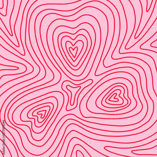 Valentine s day background with linear texture topographic contour line, isolines with hearts. Romantic Map backdrop. Hand drawn vector illustration.